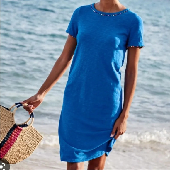 Boden Dresses & Skirts - Boden Blue Charlie Jersey T-Shirt Dress Pom Pom Trim Vacation Beach